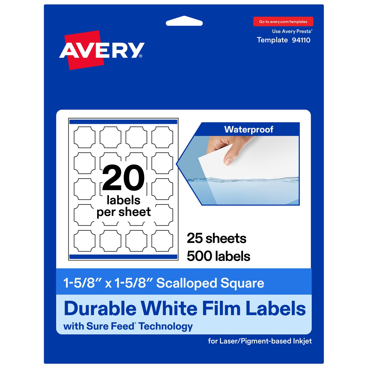 Avery Durable Waterproof Square Scalloped Labels with Sure Feed, 1-5/8" x 1-5/8"